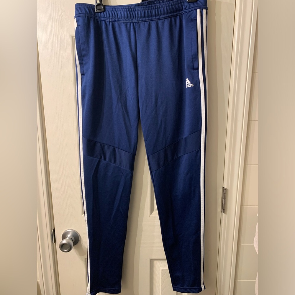 Adidas Track Pants with Zipper Bottoms Blue with White Stripe Size M EUC Joggers